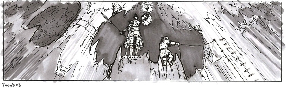 Sketch of adventurers atop a subterranean waterfall